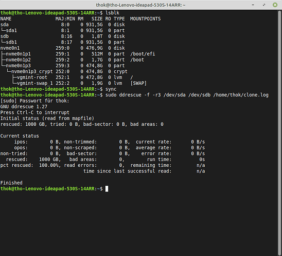 ddrescue Ueberprüfung der Festplattenkopie war fehlerfrei